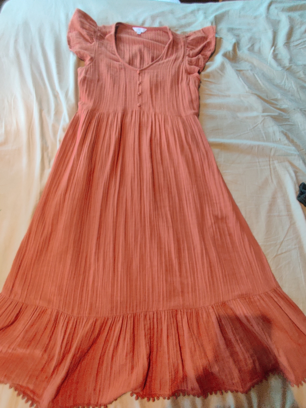 Pleated Coral Midi Dress with Flutter Sleeves